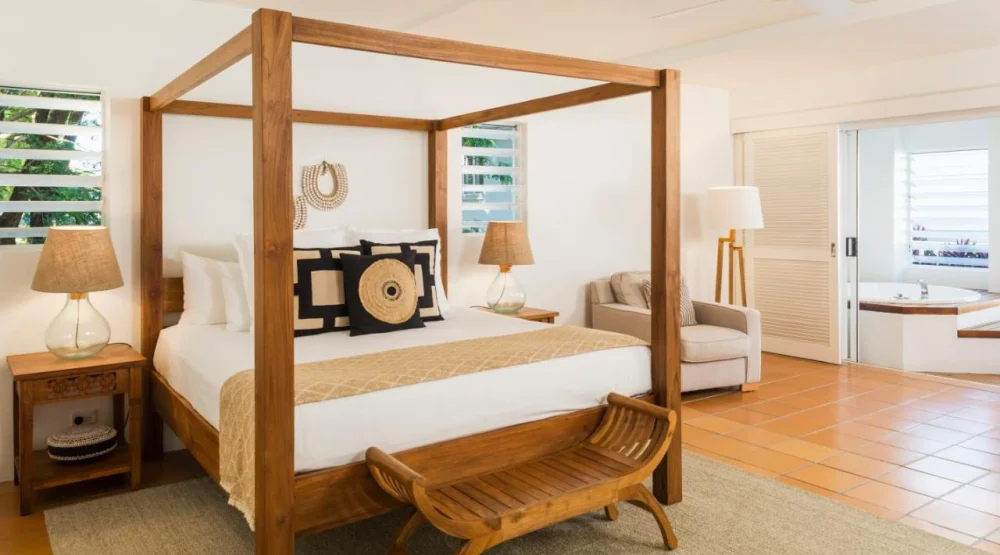 Veranda King Suite with Four Poster Bed and Large Spa Bath On Private Balcony at The Reef House Adults Retreat