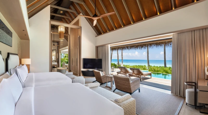 Two Queen Bedded Grand Beach Villa with Pool at Waldorf Astoria Maldives Ithaafushi