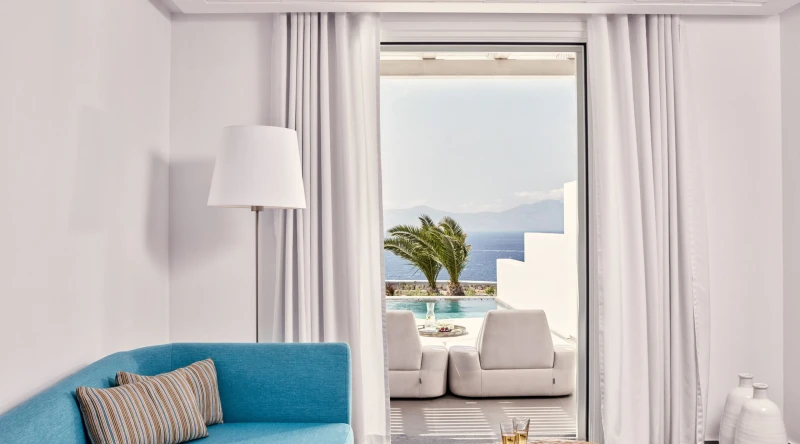 Delos Junior Suite Sea View with Private Pool & Outdoor Jacuzzi at Myconian Korali Relais & Chateaux Hotel