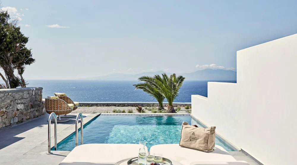 Delos Premium Junior Suite with Sea View Outdoor Jacuzzi & Private Pool at Myconian Korali Relais & Chateaux Hotel