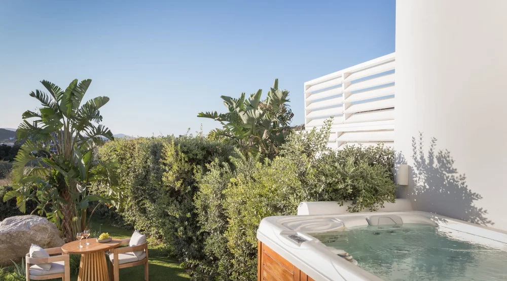 Partial Sea View Room with Private Garden & Outdoor Hot Tub at 18 Grapes Hotel Naxos
